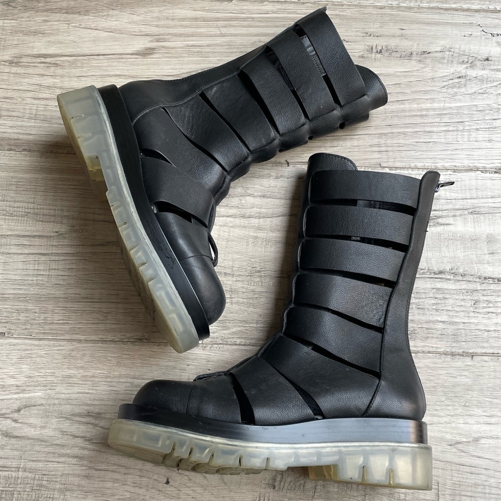 Jefferey Campbell Dozing Cutout Gladiator Leather Boots Black/CLEAR Sole SZ 7